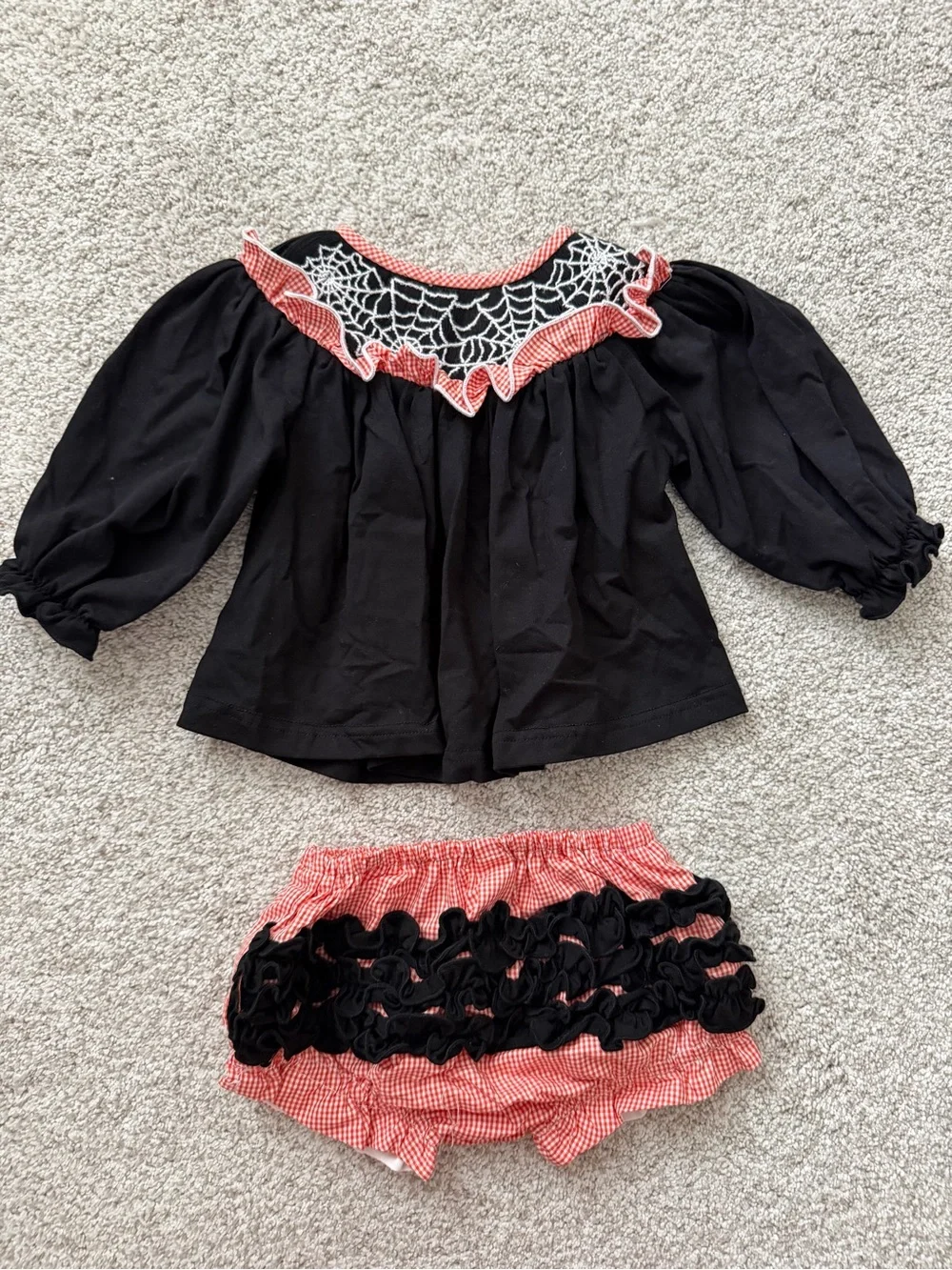 Girls Black & Orange Gingham Spiderweb Top with Ruffle Bloomers
